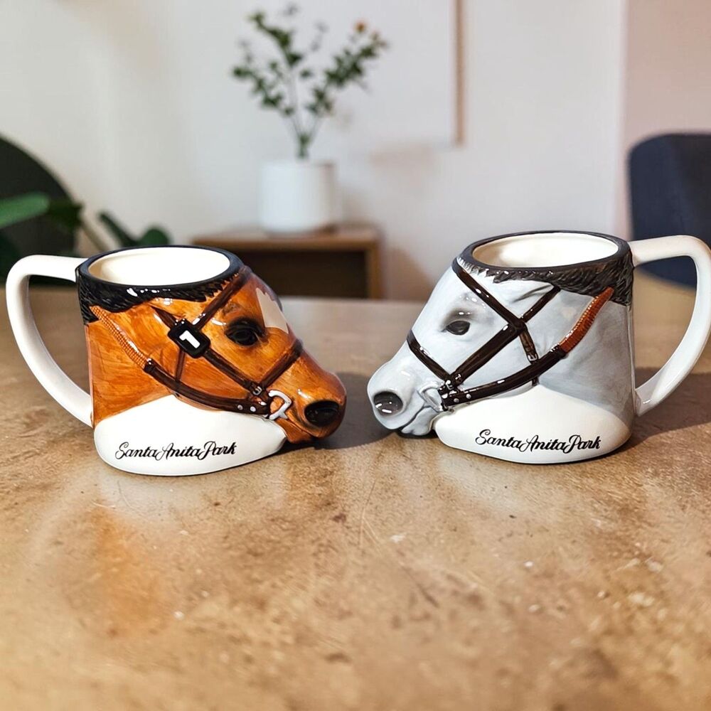 Vintage Santa Anita Park Horse Head Coffee Mugs Set of 2 Gary Mandel Racing